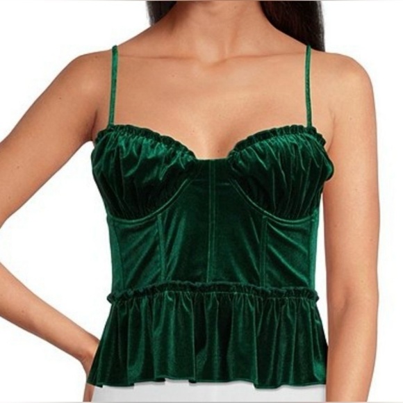 NWT a loves a "EDEN" Forest Green Velvet Bustier Spaghetti Strap Ruffle Top L - Picture 1 of 9